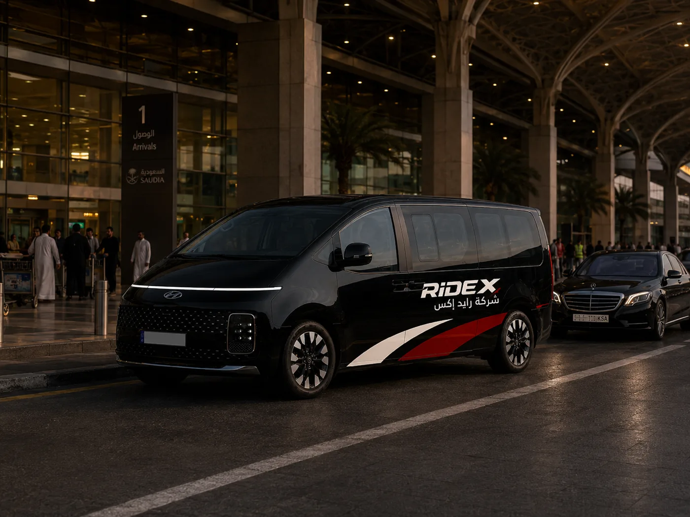 Black Ride X Hyundai Staria van at the airport arrivals hall
