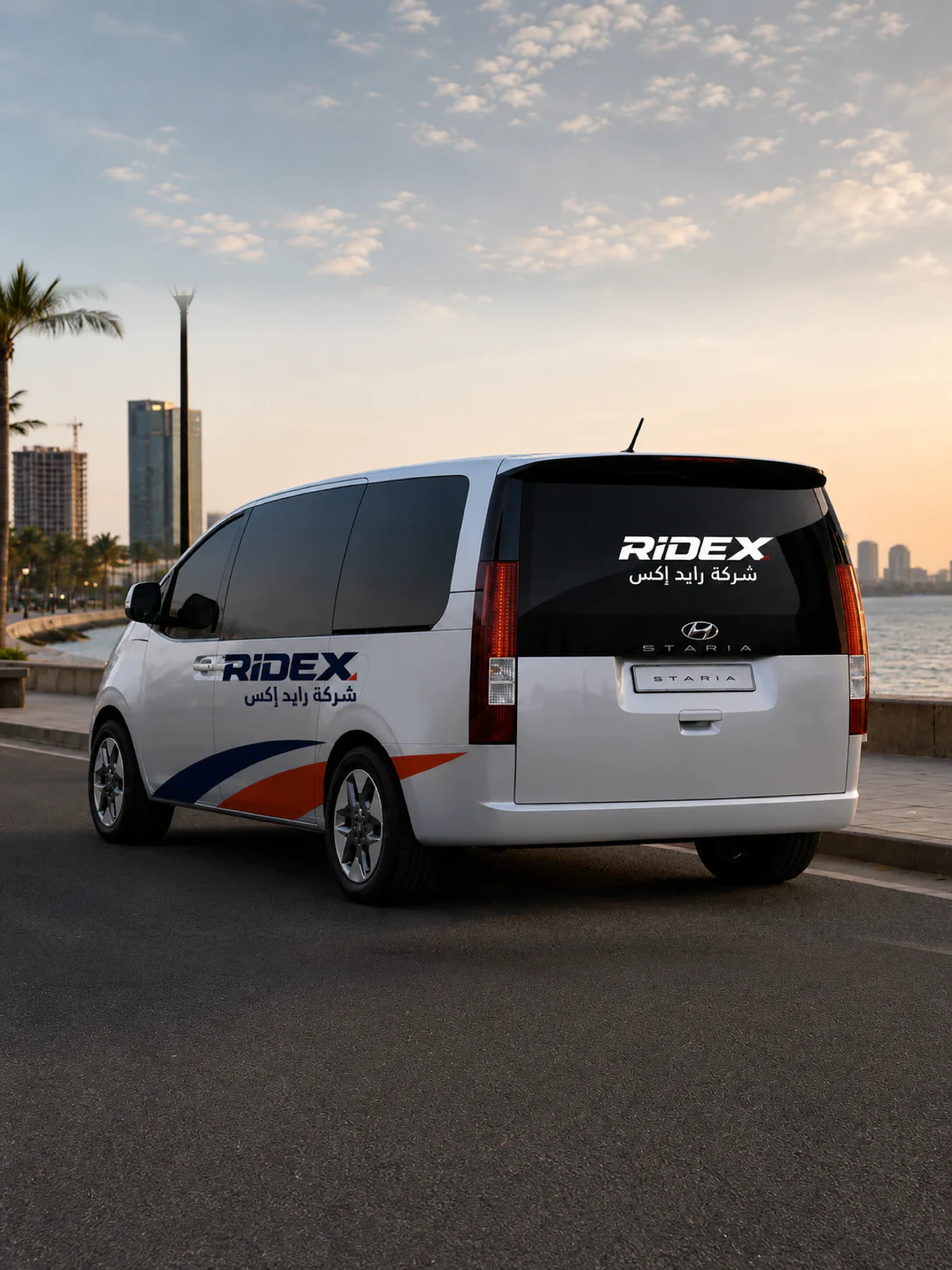 Silver Ride X Hyundai Staria van parked on the Jeddah Corniche at sunset
