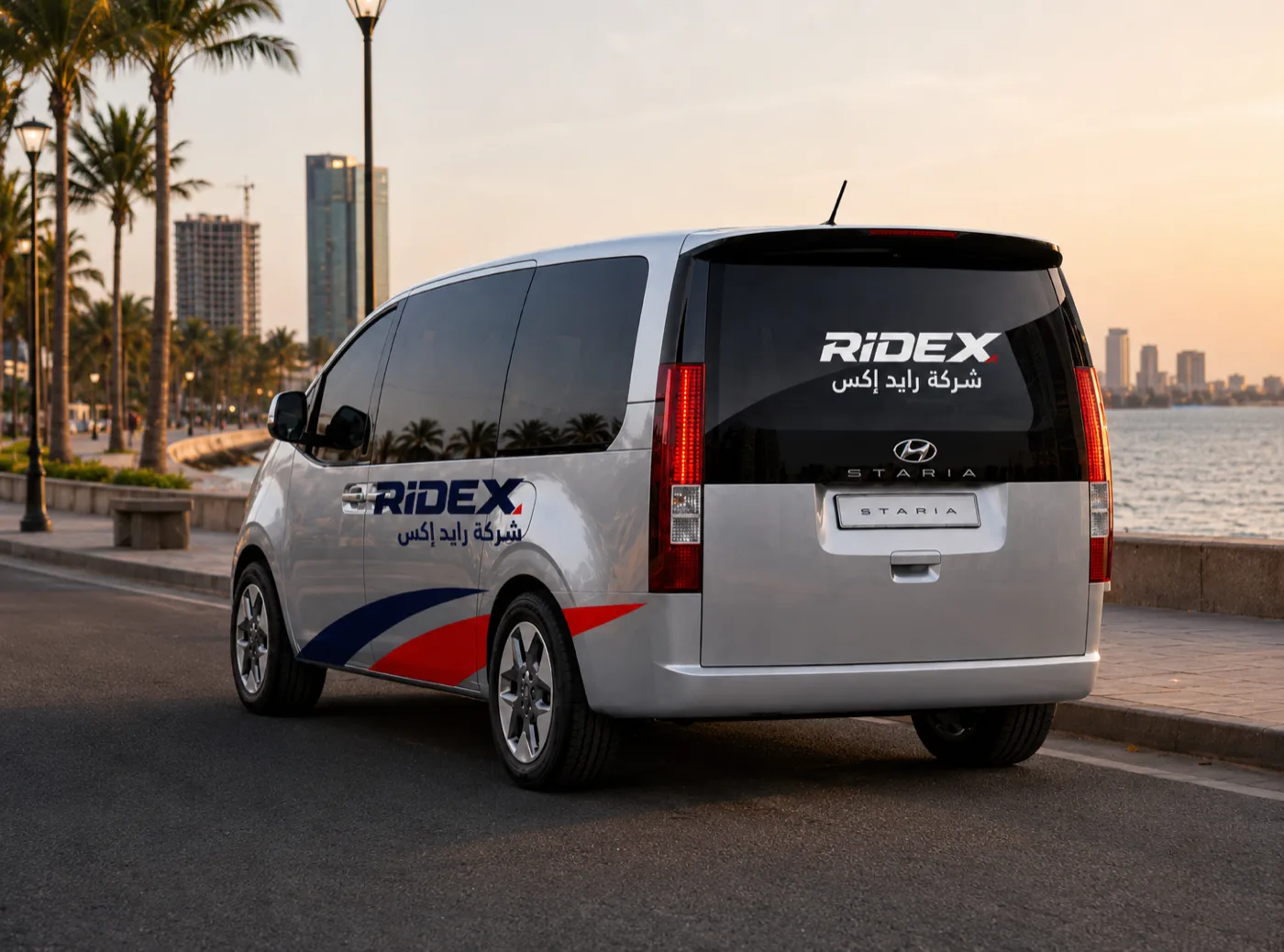 Silver Ride X Hyundai Staria van on the Jeddah Corniche at sunset